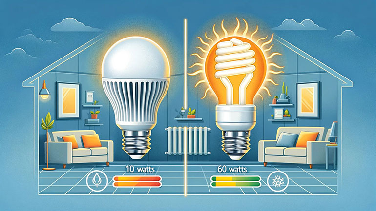 Comparaison d’une ampoule LED de 10 watts et d’une ampoule incandescente de 60 watts dans un salon, illustrant l’efficacité énergétique