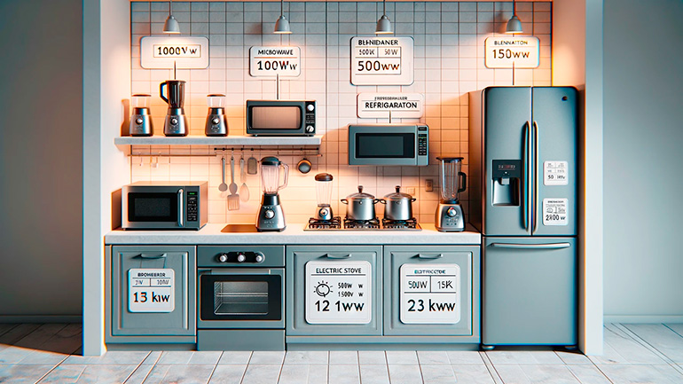 Cuisine moderne équipée d’appareils électroménagers avec des étiquettes indiquant leur consommation en watts, incluant un réfrigérateur, un four, un micro-ondes, et plus