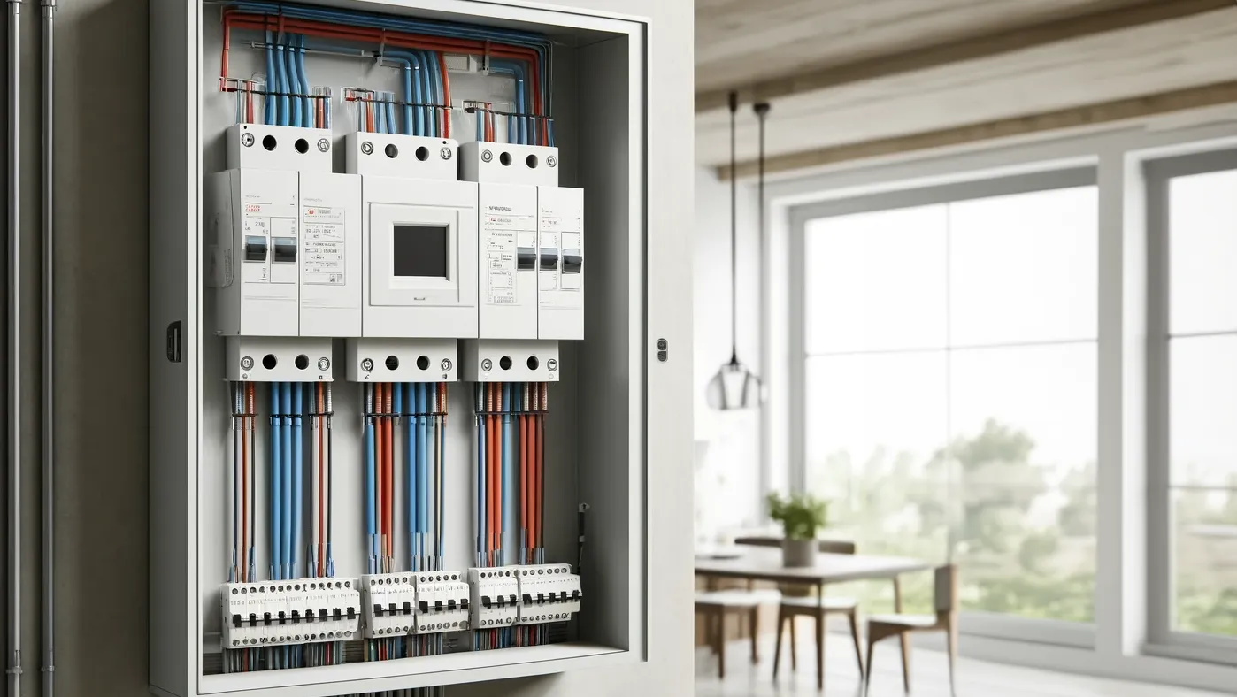 Tableau électrique résidentiel moderne avec câblage monophasé et triphasé.