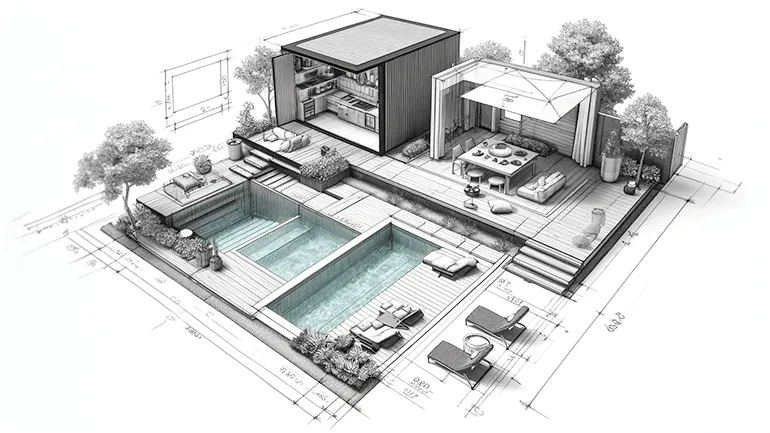 Plan détaillé d’un aménagement extérieur avec piscine, espace repas et zones de détente.