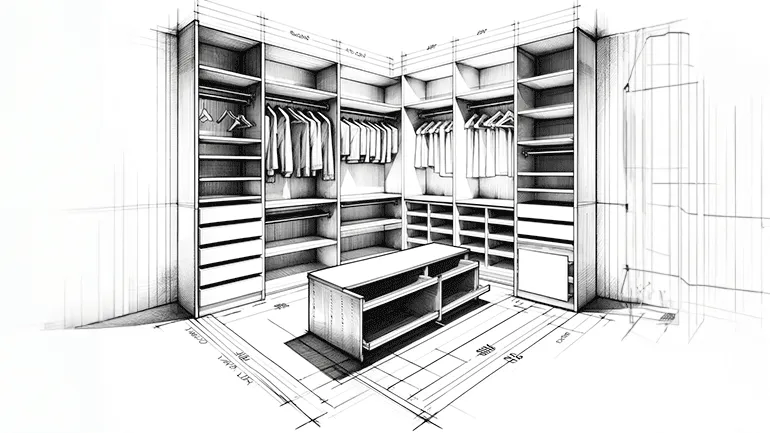 Esquisse d’un design de dressing sur mesure avec étagères et penderies.