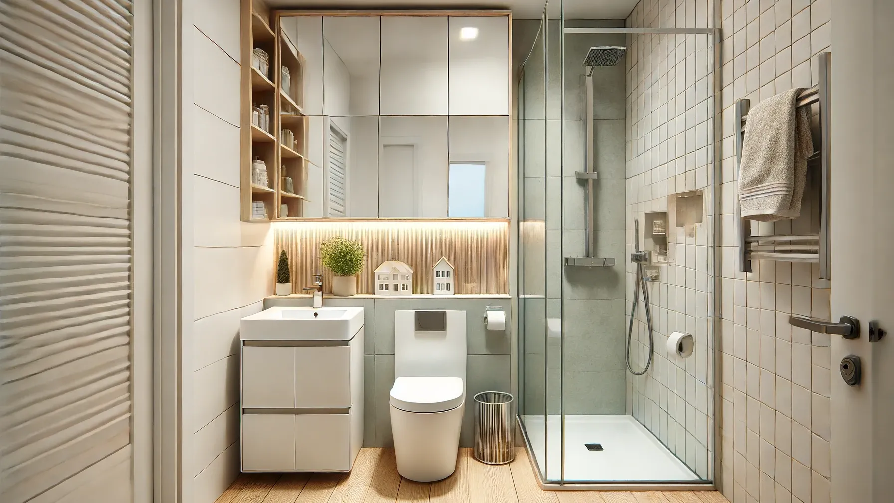 Petite salle de bain optimisée avec des meubles compacts et une douche à l'italienne